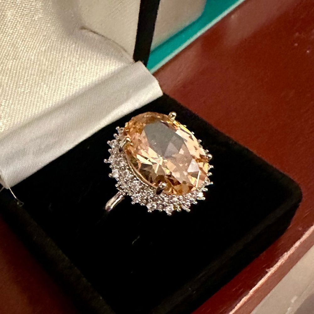 💗5 STAR💗WOW!BEAUTY 11CT ROUND MORGANITE RING W CZ DIAMONDS CIRCLING OUTSIDE